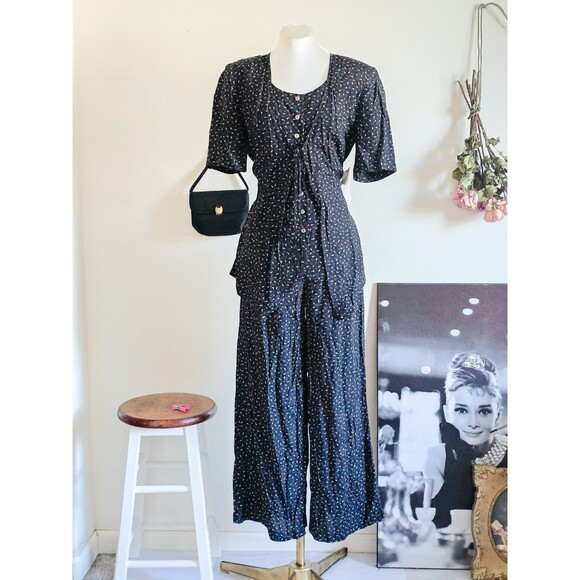 lanz Pants - Lanz Vintage 1970s Dark Blue Shirt Sleeve Jumpsuit Classic Cottagecore S